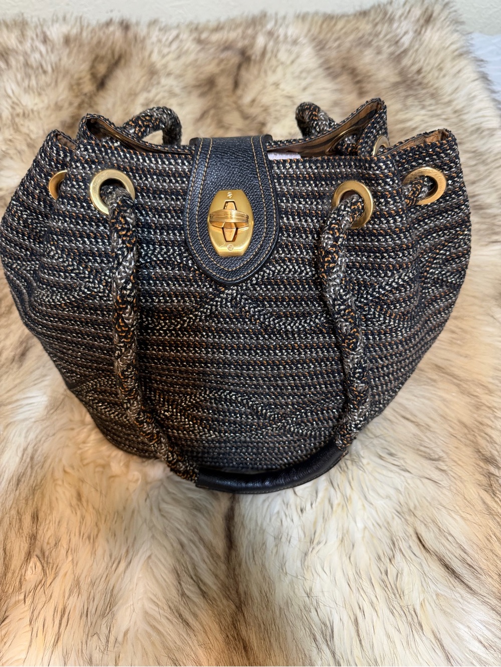 Eric Javits Black and Gold Woven Bucket Tote - Picture 1 of 8